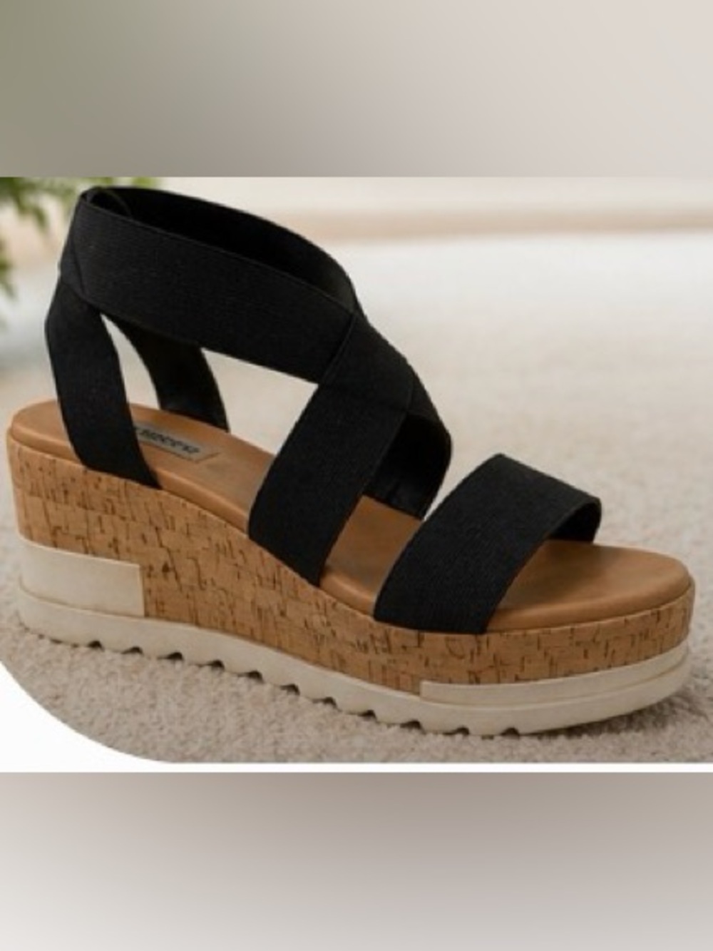Steve Madden Black Elastic Cork Wedge Sandals